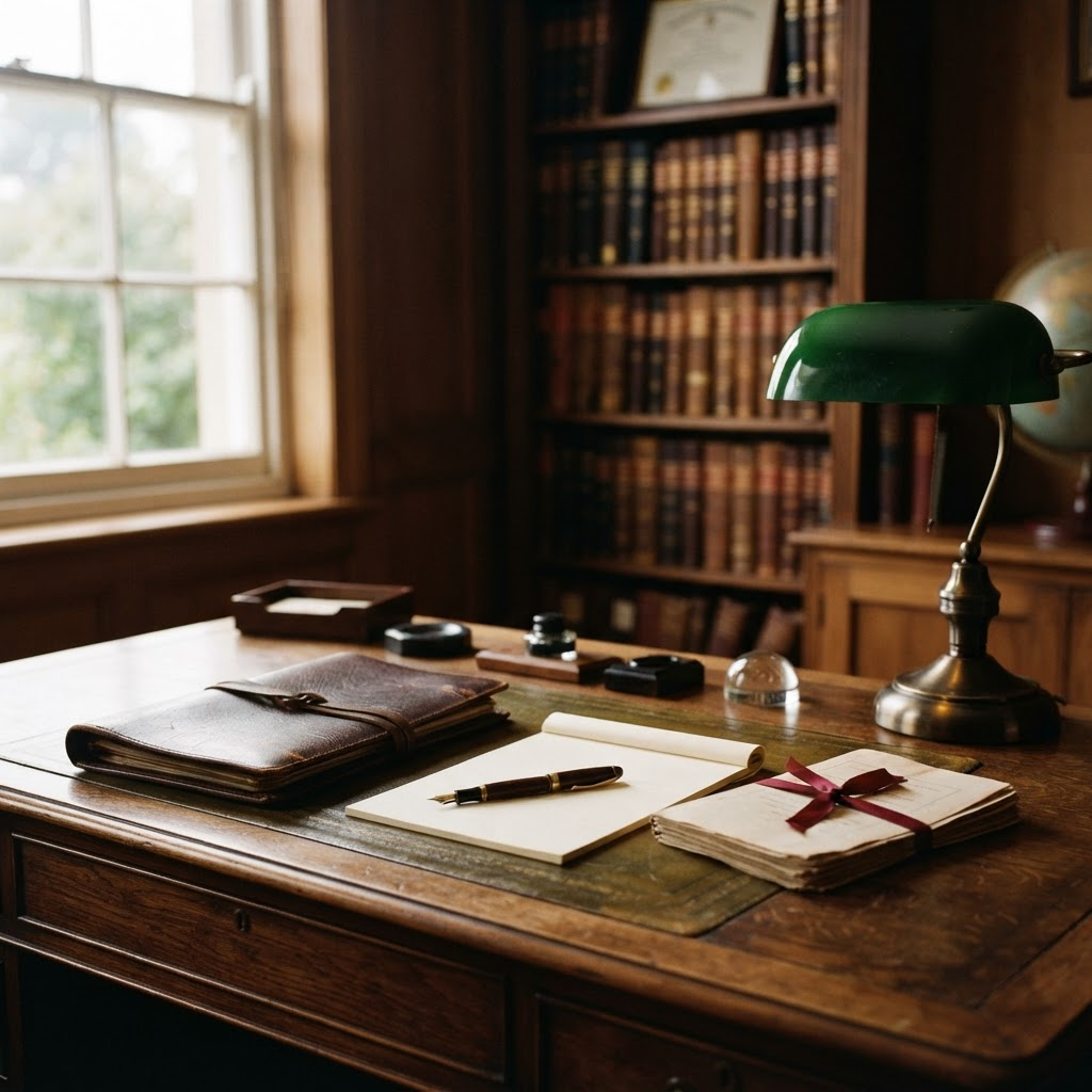 Traditional solicitor's desk with a leather folder, fountain pen and legal documents